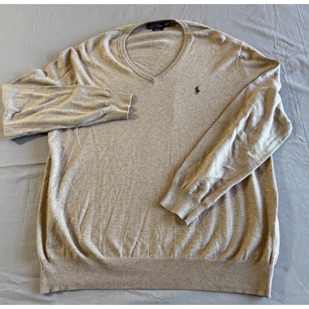 VTG Polo Ralph Lauren Sweater XL 100% PIMA COTTON Tan Pullover V Neck Pony Mens - Picture 1 of 9